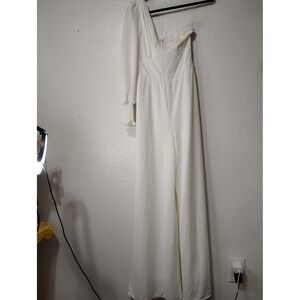 Chicways White One Shoulder Wide Leg Jumpsuit Puff Sleeve‎ Bridal Formal (37)